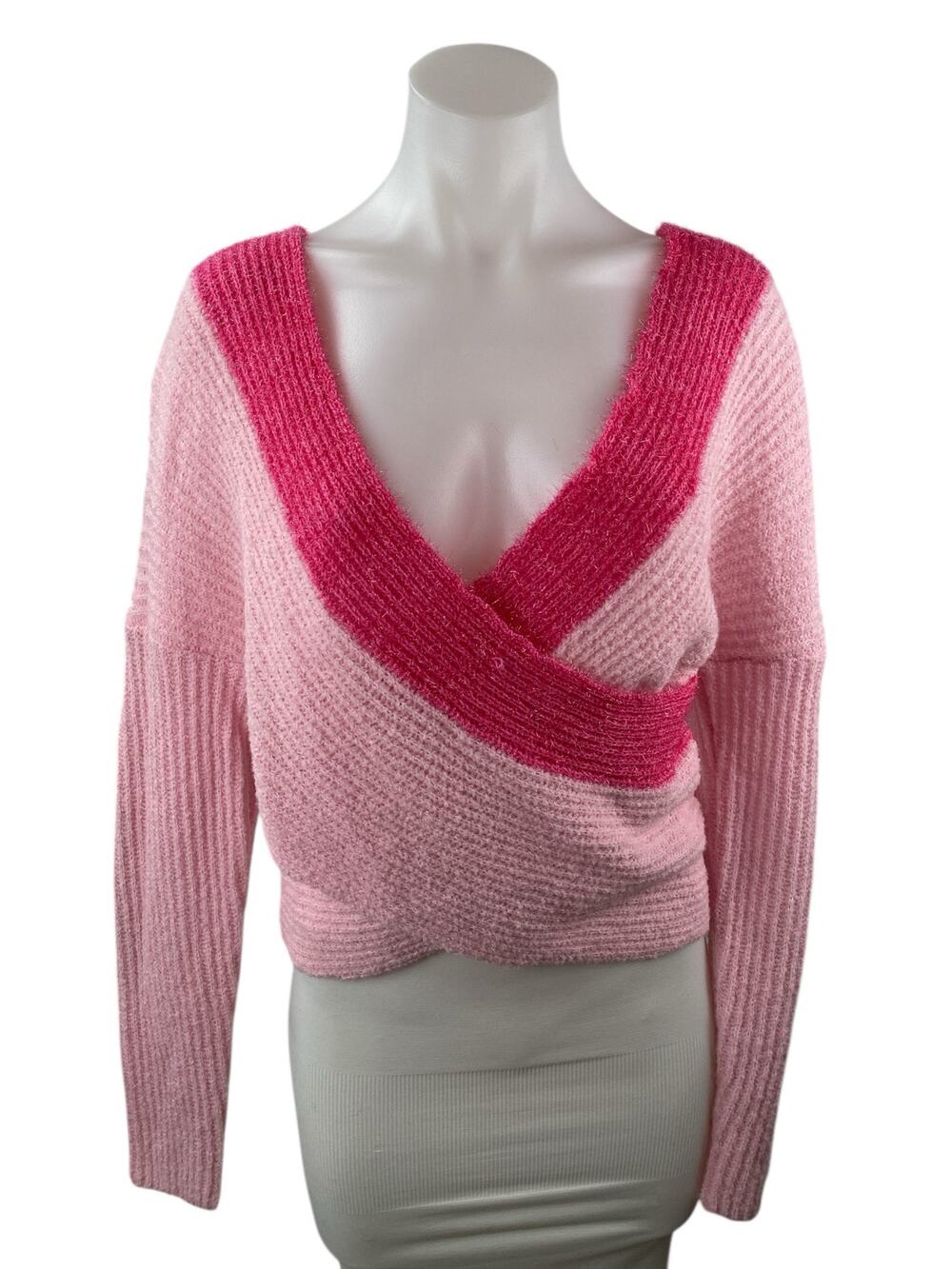 Superdown Women's Pink Ribbed Knit Faux Wrap Long Sleeve Sweater Top Size S